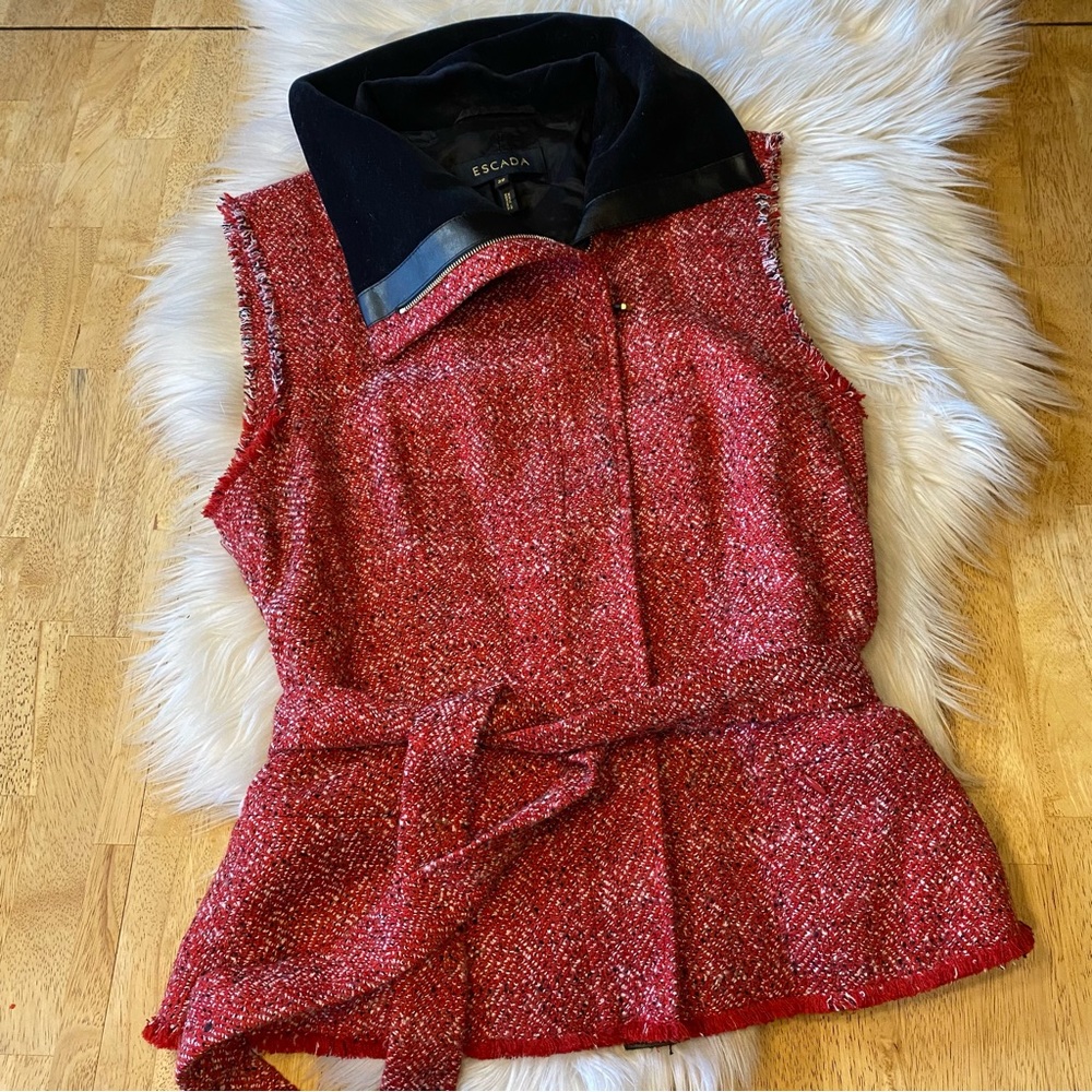 Escada Red Tweed Black Leather Zip Up Vest 38 M